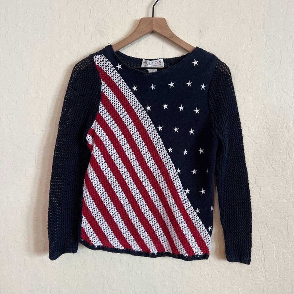 Vintage Norton Studio Open Knit American Flag Sweater Medium Stars Stripes Blue